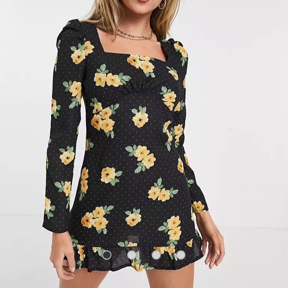 Miss Selfridge square neck mini dress in black floral
